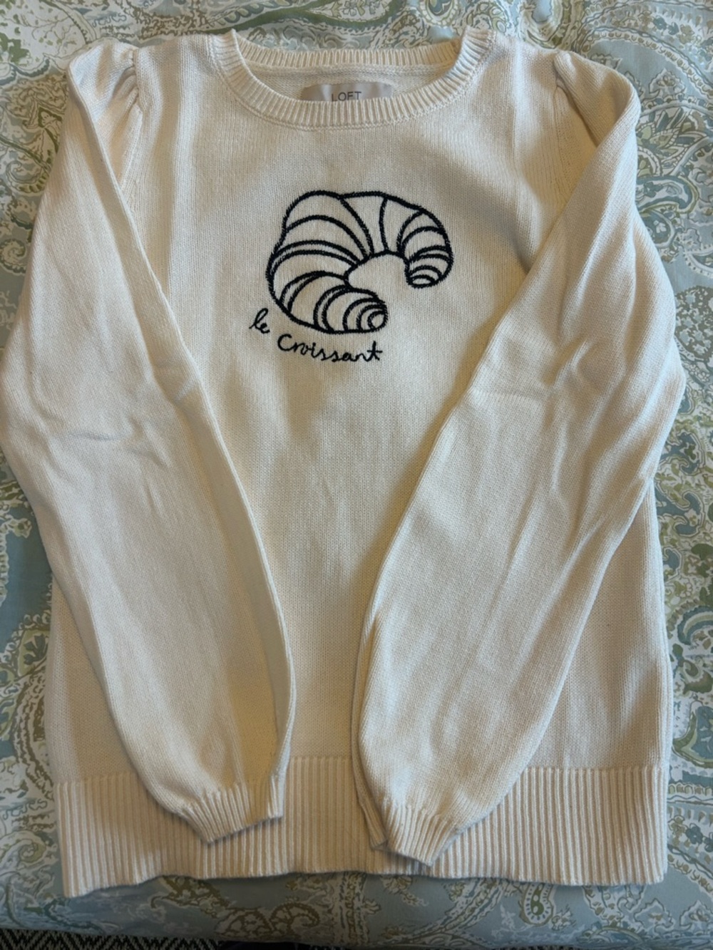LOFT Cream Sweater with Black Croissant Embroidery